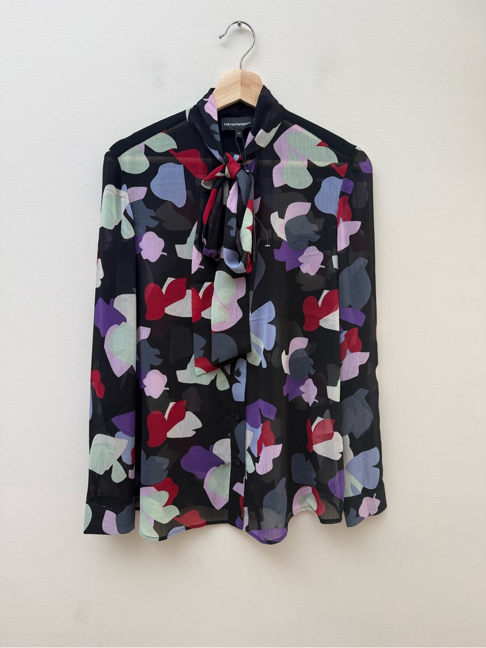 Emporio Armani Black Multicolor Abstract Floral Tie-Neck Blouse